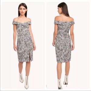 Black halo hepburn off shoulder kaleidoscope dress